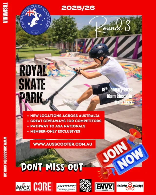 🛴🔥 TASMANIA RIDERS – THIS SUNDAY! 🔥🛴

The ASA Tasmania Qualifier is rolling into Royal Skate Park, Launceston!

📅 This Sunday
🕦 Sign-in: 11:30am
🕛 Start: 12:00pm
📍 Royal Skate Park – Launceston

Get ready for an epic afternoon of riding, progression, and good vibes. Whether you’re chasing Nationals spots or just here for the community, this one’s for you 🙌

See you at the park!

💛 Proudly supported by our amazing sponsors:
@coreuk @gritscooters @triple8australia @apexproscooters @envyscooters @scooter_stop

#ASASA #ASATasmania #AustralianScooterAssociation #ScooterComp #ScooterLife FreestyleScoot RoyalSkatePark Launceston