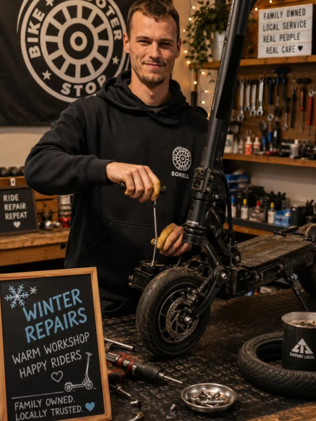 ❄️ Winter is the perfect time to get your electric scooter serviced and ready for the warmer months!

As a family-owned local business, we take pride in keeping your scooter safe, reliable, and ready for fun. Whether it needs a tune-up, new tyres, brake repairs, or a battery check, we've got you covered.

Beat the spring rush and book your winter service today. We'll have you back on the road, enjoying the freedom and fun of riding, before you know it!

Thanks for supporting local businesses—it means the world to our family. 🛴💙