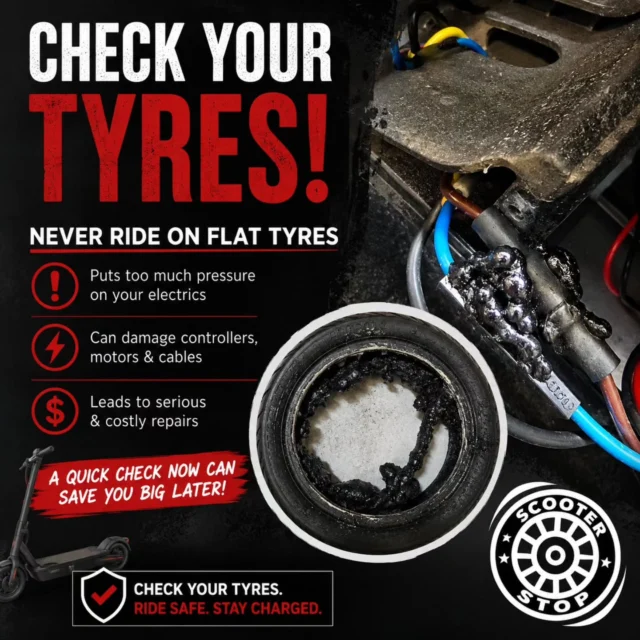 🚨 CHECK YOUR TYRES! 🛴
One of the most important things you can do for your electric scooter is keep your tyres properly inflated.
❌ NEVER ride on a flat or seriously under-inflated tyre.
Riding flat can put excessive strain on your scooter’s motor, controller, wiring and other electrical components, potentially causing serious damage and a very expensive repair bill. 😬💸
👉 Take a quick look at your tyres before every ride. If something doesn’t look or feel right, stop riding and get it checked.
A few minutes checking your tyres could save you hundreds of dollars later!
🛴 Scooter Stop — Ride Safe. Stay Charged.
#ScooterStop #ElectricScooter #ScooterSafety #CheckYourTyres #RideSafe ScooterRepair ElectricScooterRepair ScooterMaintenance Tasmania SafetyFirst