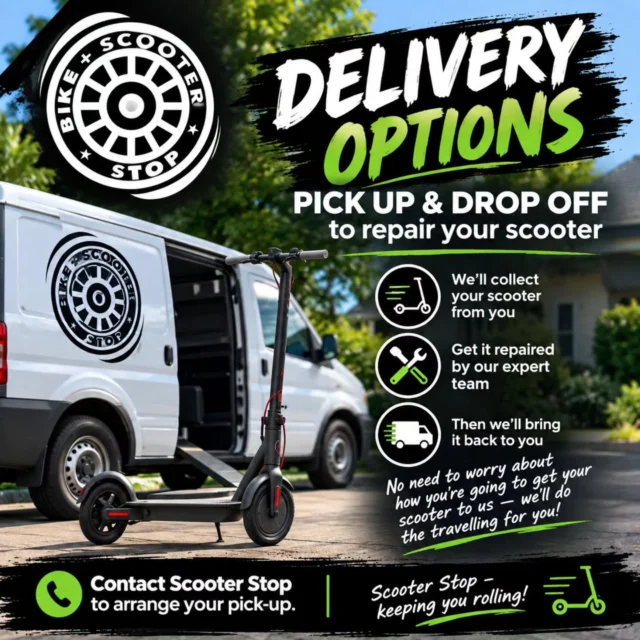 🛴 SCOOTER STOP – WE CAN PICK UP & DROP OFF! 🛠️
Need your electric scooter repaired but having trouble getting it to us?
We’ve got you covered! 🙌
🚚 Pick-up & drop-off service available
🔧 We’ll collect your scooter and bring it back to you once the repairs are complete.
No need to worry about how you’re going to get your scooter to the shop — we’ll do the travelling for you!
📞 Contact Scooter Stop to arrange your pick-up.